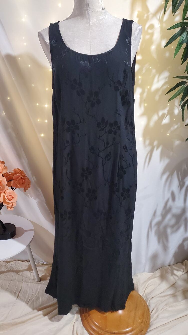 Spencer Alexis Vtg 90s Asian Floral Jaquard Sleeveless Maxi Dress Size L Black